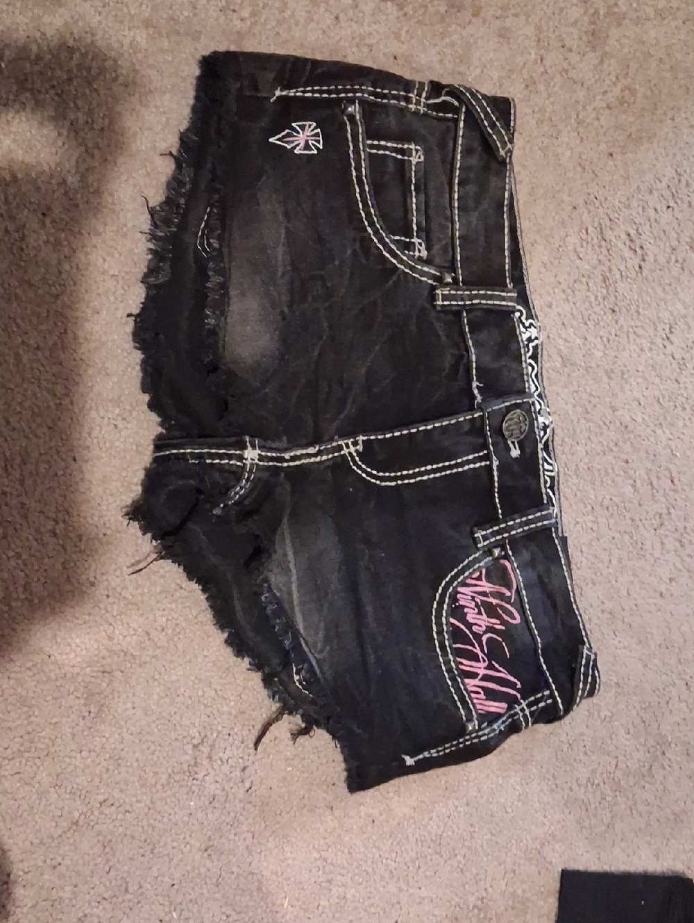 Black Distressed Denim Jean Shorts with Pink Accent